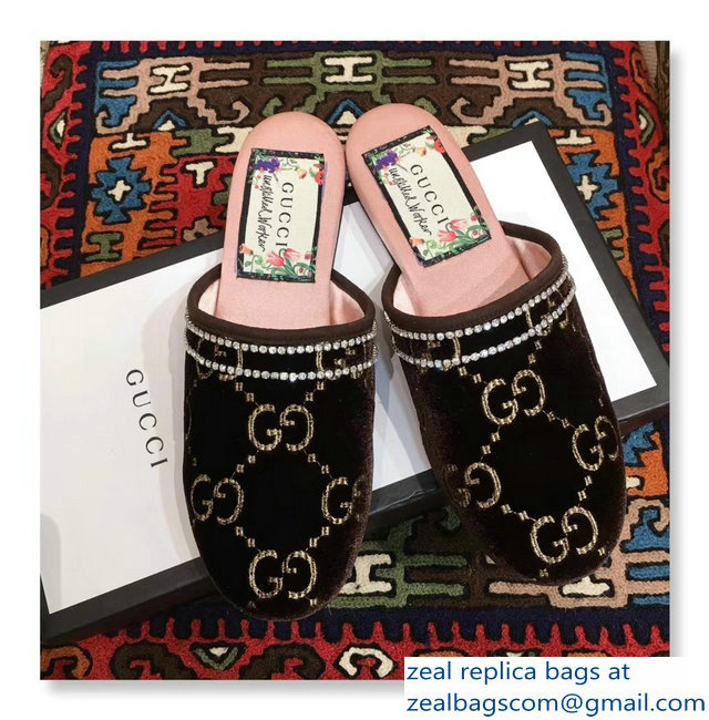 Gucci Crystal Embroidered Trim GG Velvet Slipper Coffee 2018