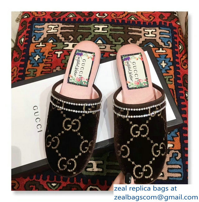 Gucci Crystal Embroidered Trim GG Velvet Slipper Coffee 2018