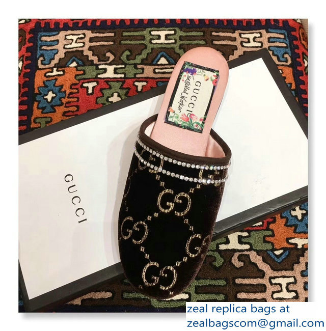 Gucci Crystal Embroidered Trim GG Velvet Slipper Coffee 2018