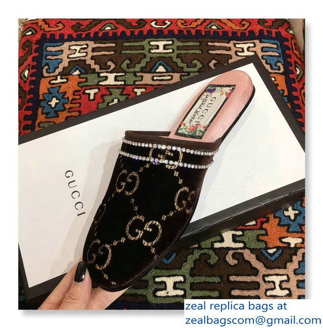 Gucci Crystal Embroidered Trim GG Velvet Slipper Coffee 2018