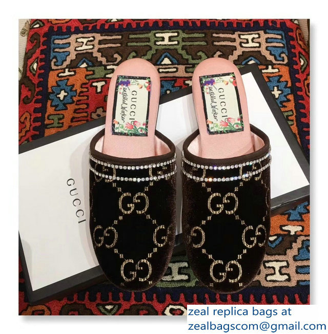 Gucci Crystal Embroidered Trim GG Velvet Slipper Coffee 2018