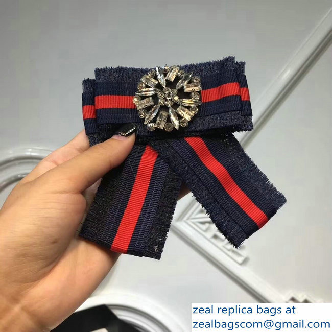 Gucci Crystals Blue/Red Web Grosgrain Bow Brooch