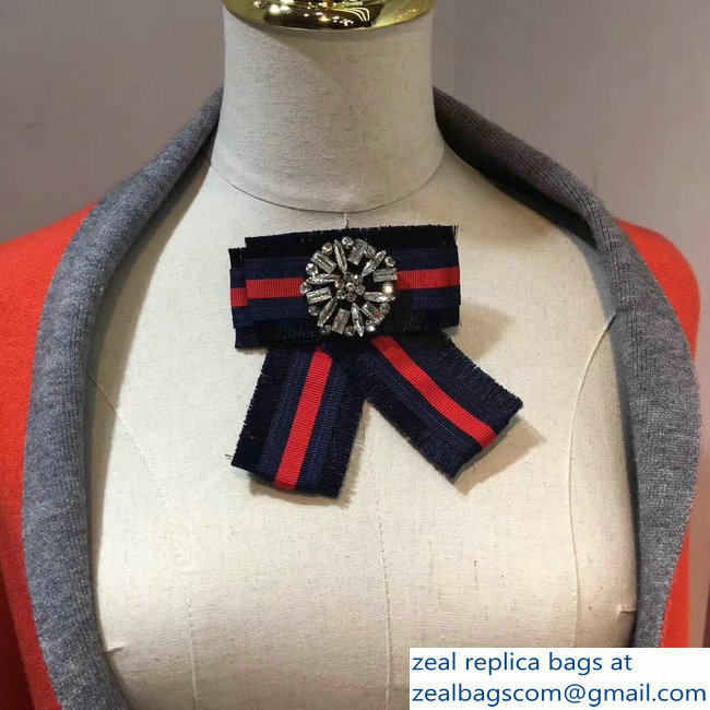 Gucci Crystals Blue/Red Web Grosgrain Bow Brooch