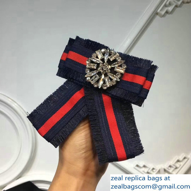 Gucci Crystals Blue/Red Web Grosgrain Bow Brooch