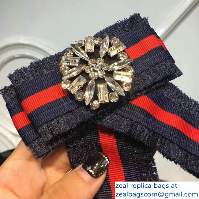 Gucci Crystals Blue/Red Web Grosgrain Bow Brooch