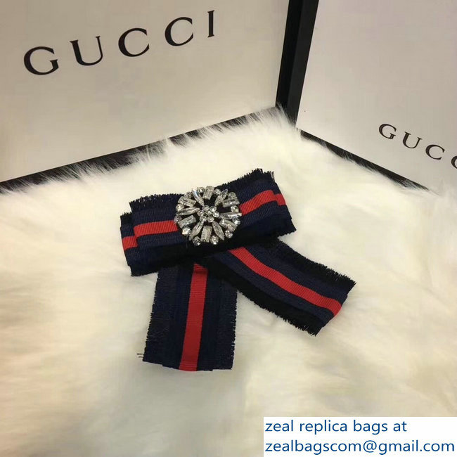 Gucci Crystals Blue/Red Web Grosgrain Bow Brooch