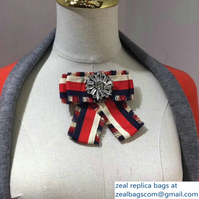 Gucci Crystals Blue/Red/White Web Grosgrain Bow Brooch