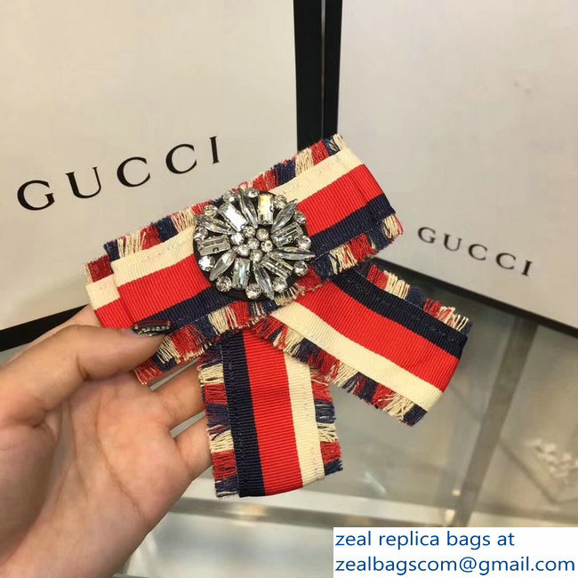 Gucci Crystals Blue/Red/White Web Grosgrain Bow Brooch