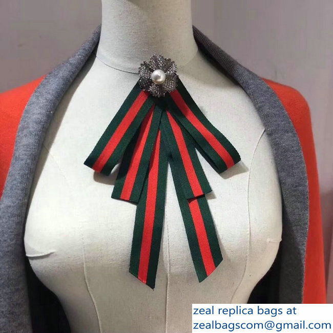 Gucci Crystals and Pearls Green/Red Web Grosgrain Bow Brooch