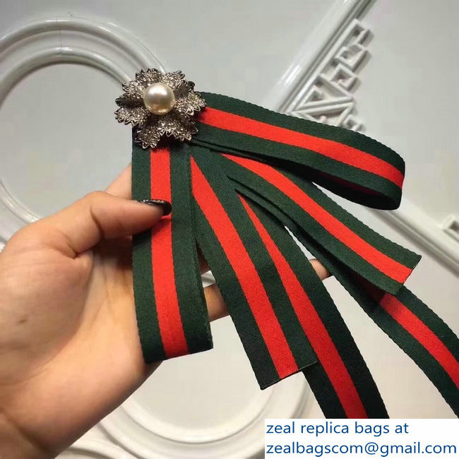 Gucci Crystals and Pearls Green/Red Web Grosgrain Bow Brooch