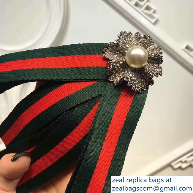 Gucci Crystals and Pearls Green/Red Web Grosgrain Bow Brooch