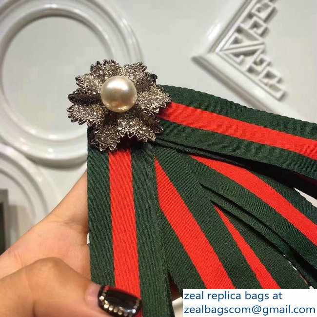 Gucci Crystals and Pearls Green/Red Web Grosgrain Bow Brooch