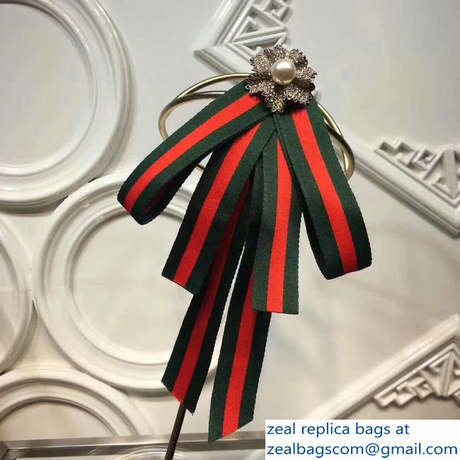 Gucci Crystals and Pearls Green/Red Web Grosgrain Bow Brooch