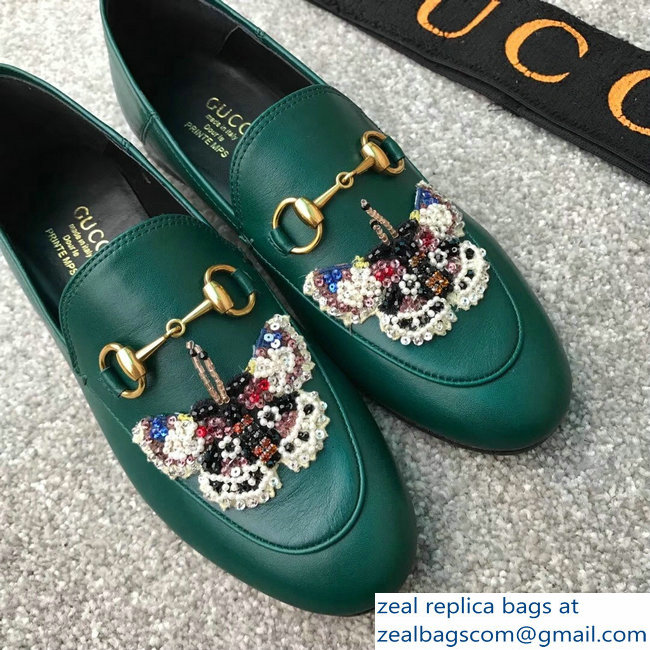 Gucci Horsebit Leather Loafer Butterfly Embroidery Green