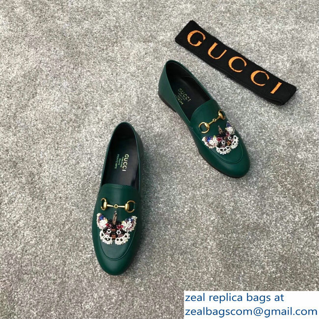 Gucci Horsebit Leather Loafer Butterfly Embroidery Green