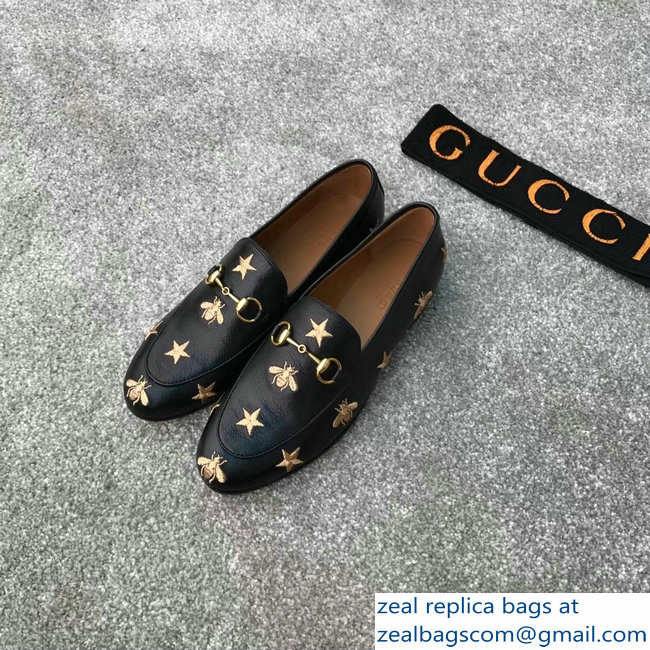 Gucci Horsebit Leather Loafer Gold Thread Embroidered Bees And Stars Black