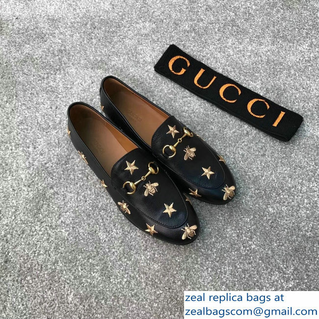 Gucci Horsebit Leather Loafer Gold Thread Embroidered Bees And Stars Black