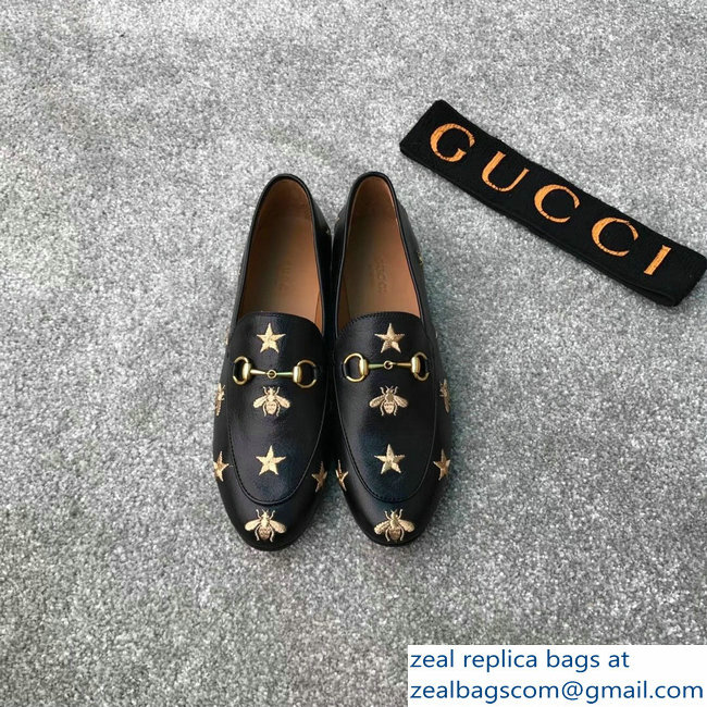 Gucci Horsebit Leather Loafer Gold Thread Embroidered Bees And Stars Black