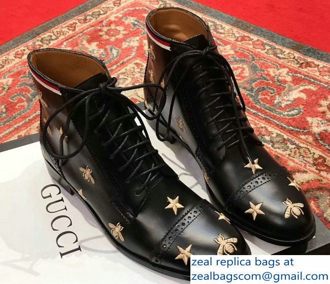 Gucci Lace-Up Boots Black With Gold Bees And Stars Embroidery 2018