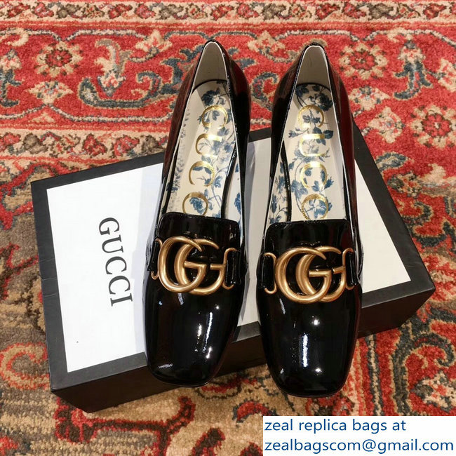 Gucci Patent Leather Mid-Heel Pumps Black with Double G 2018 - Click Image to Close