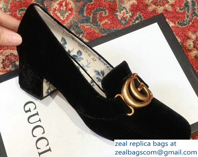 Gucci Velvet Mid-Heel Pumps Black with Double G 2018