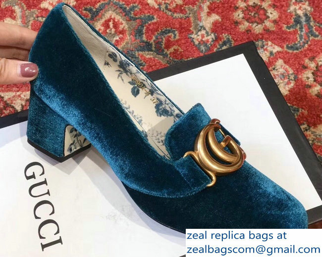 Gucci Velvet Mid-Heel Pumps Blue with Double G 2018