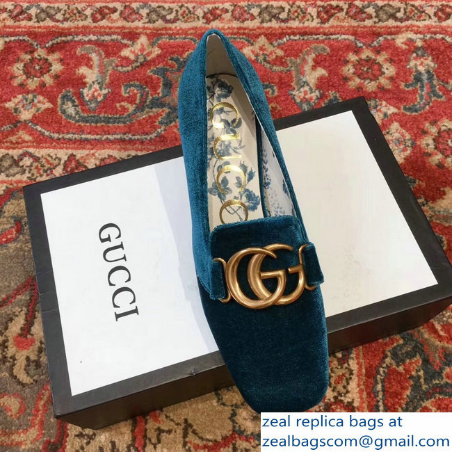 Gucci Velvet Mid-Heel Pumps Blue with Double G 2018