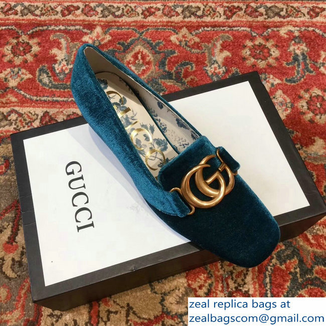 Gucci Velvet Mid-Heel Pumps Blue with Double G 2018