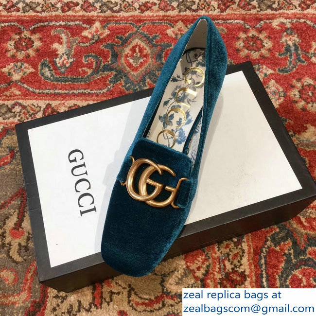 Gucci Velvet Mid-Heel Pumps Blue with Double G 2018