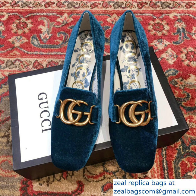 Gucci Velvet Mid-Heel Pumps Blue with Double G 2018