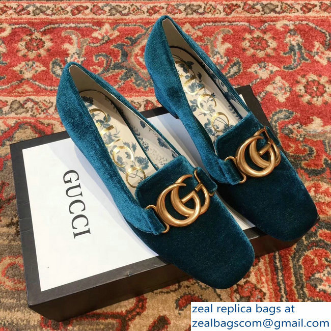 Gucci Velvet Mid-Heel Pumps Blue with Double G 2018