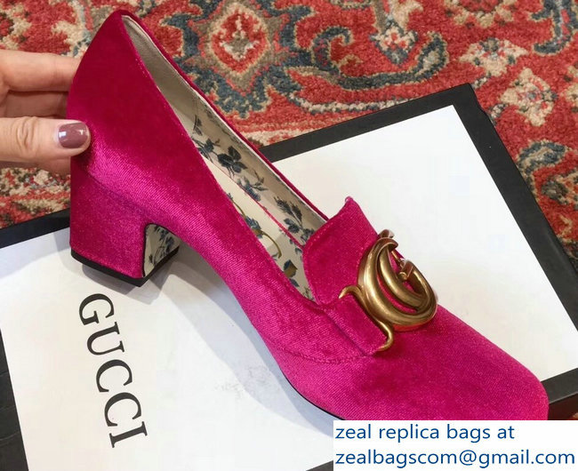 Gucci Velvet Mid-Heel Pumps Fuchsia with Double G 2018