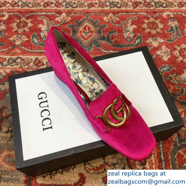 Gucci Velvet Mid-Heel Pumps Fuchsia with Double G 2018