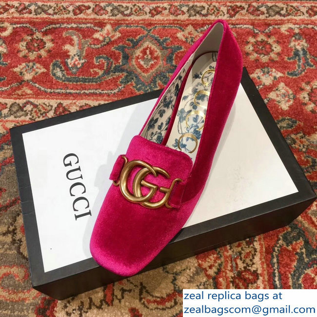 Gucci Velvet Mid-Heel Pumps Fuchsia with Double G 2018