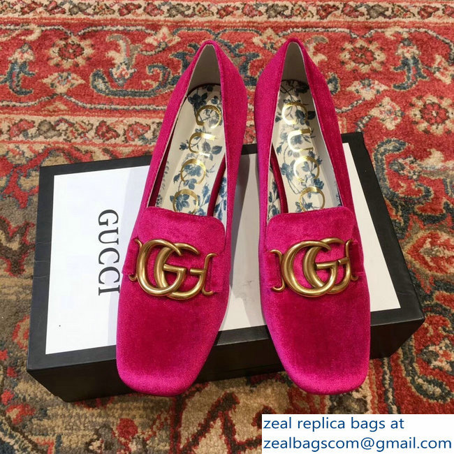 Gucci Velvet Mid-Heel Pumps Fuchsia with Double G 2018