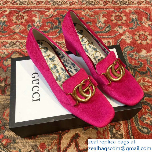 Gucci Velvet Mid-Heel Pumps Fuchsia with Double G 2018