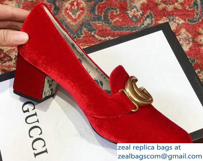 Gucci Velvet Mid-Heel Pumps Red with Double G 2018