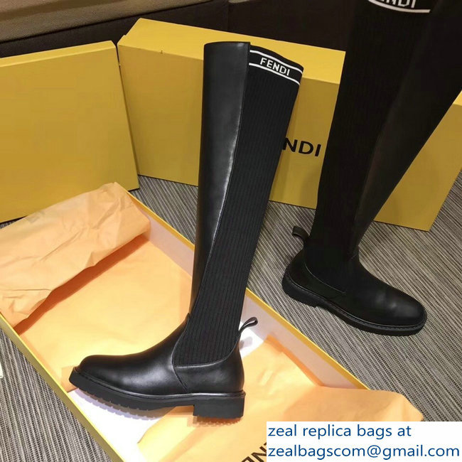 Fendi Logo Ribbed Fabric and Leather Thigh-High Cuissard Boots Black 2018 - Click Image to Close