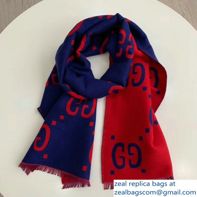 Gucci GG Jacquard Wool Scarf Blue/Red 2018