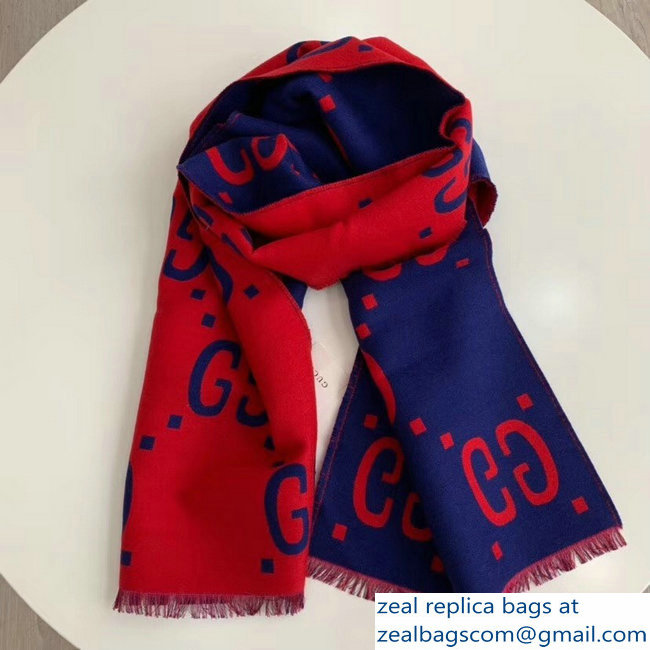 Gucci GG Jacquard Wool Scarf Blue/Red 2018