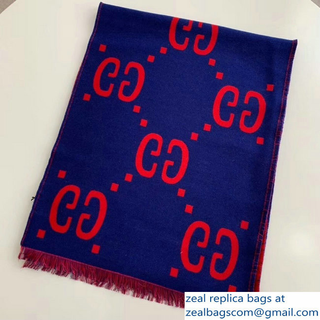 Gucci GG Jacquard Wool Scarf Blue/Red 2018