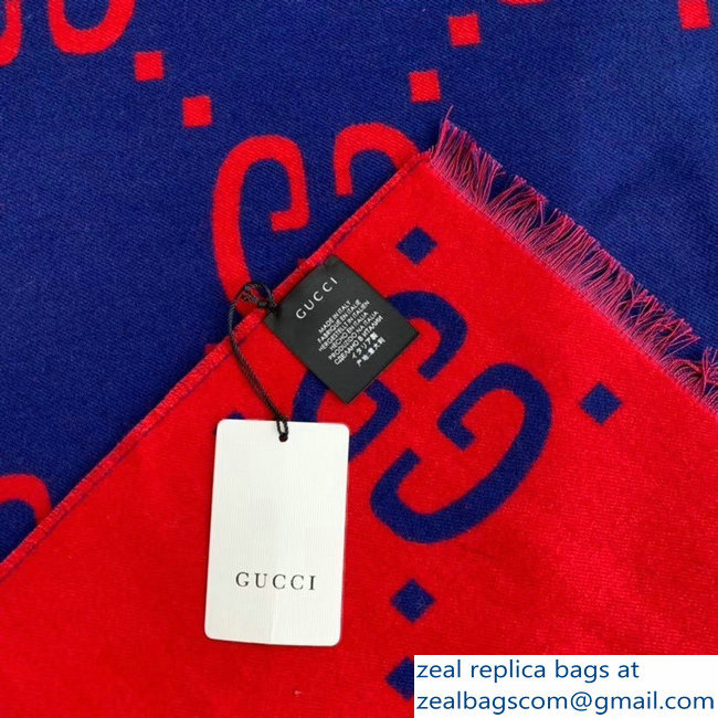 Gucci GG Jacquard Wool Scarf Blue/Red 2018