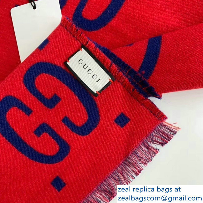 Gucci GG Jacquard Wool Scarf Blue/Red 2018