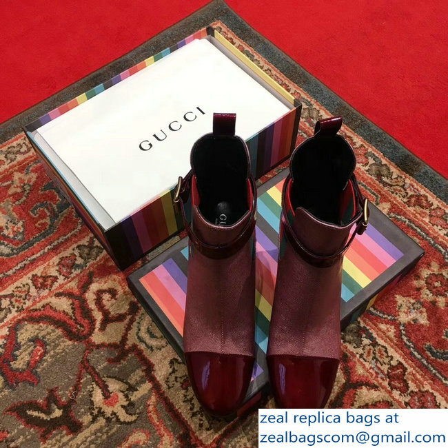 Gucci Heel 9cm Web Bee Ankle Boots with Belt Burgundy 2018