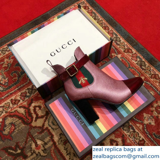 Gucci Heel 9cm Web Bee Ankle Boots with Belt Burgundy 2018