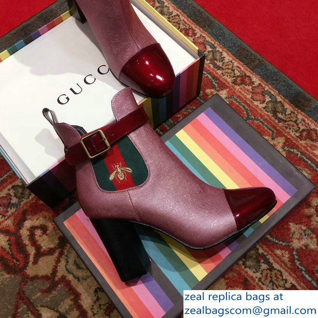 Gucci Heel 9cm Web Bee Ankle Boots with Belt Burgundy 2018