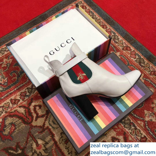 Gucci Heel 9cm Web Bee Ankle Boots with Belt White 2018