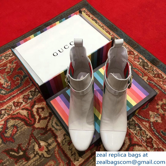 Gucci Heel 9cm Web Bee Ankle Boots with Belt White 2018