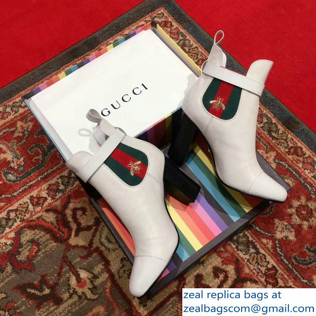 Gucci Heel 9cm Web Bee Ankle Boots with Belt White 2018