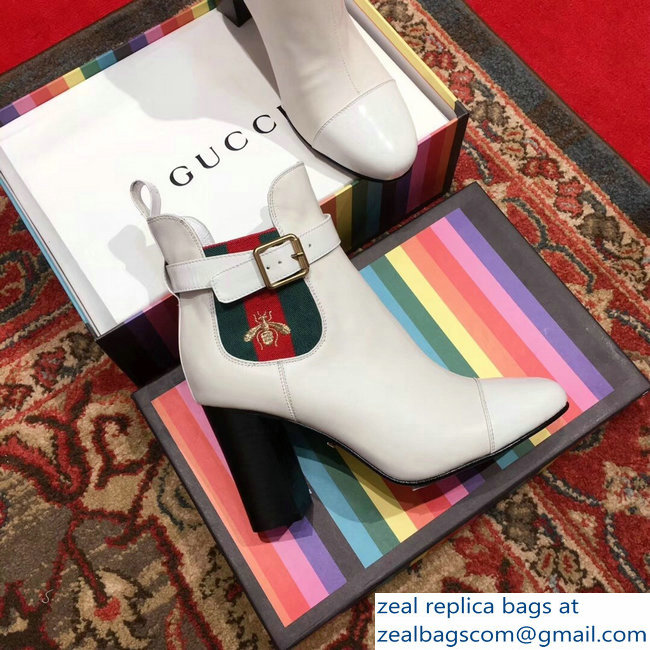 Gucci Heel 9cm Web Bee Ankle Boots with Belt White 2018